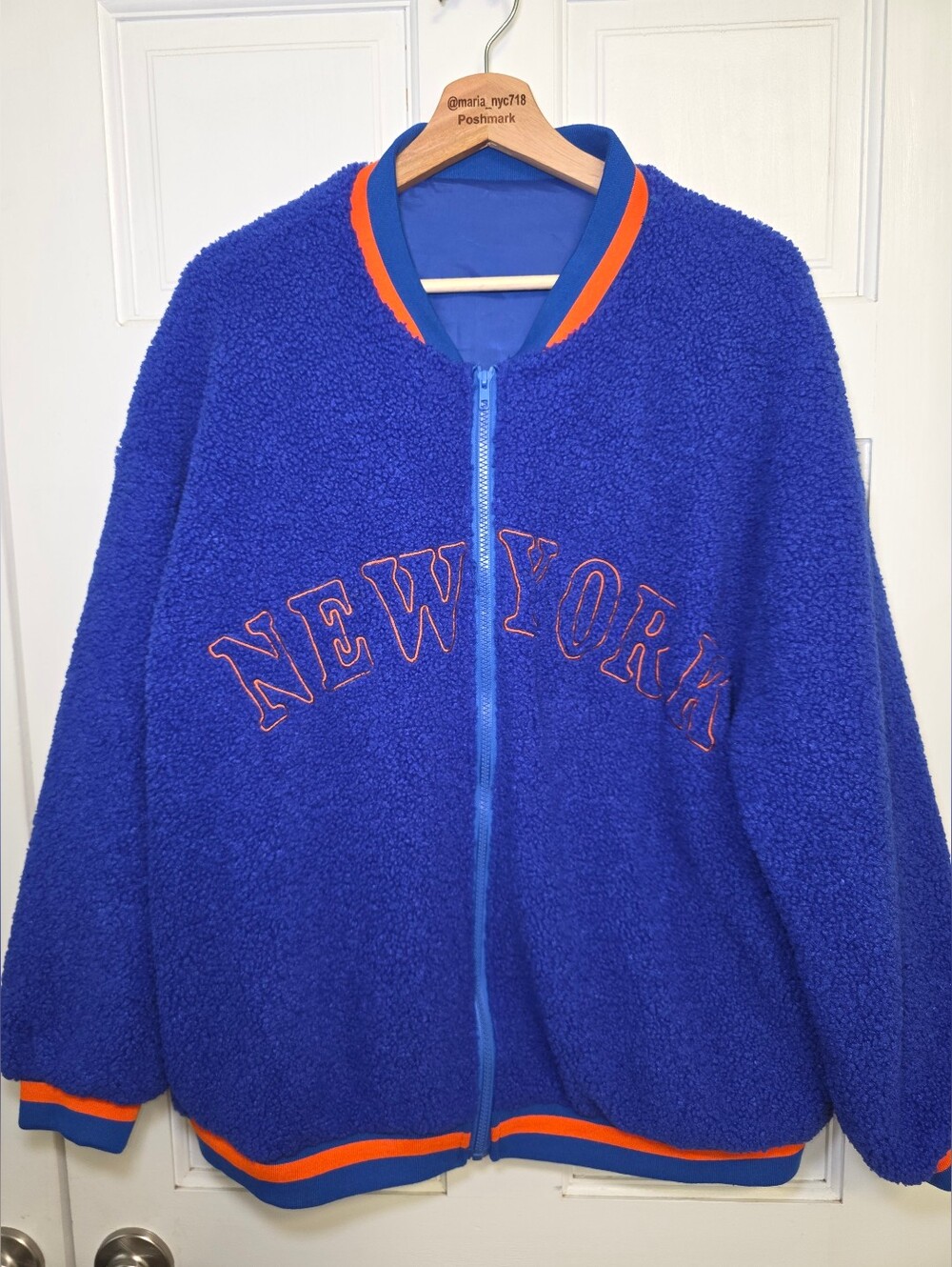SHEIN Royal Blue Sherpa Jacket with Orange Trim